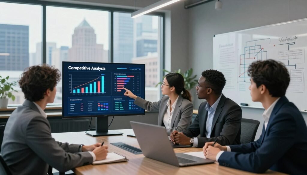 A visually engaging scene representing "Competitive Analysis" for a business context. In the foreground, a diverse group of three professionals, dressed in smart business attire, are gathered around a stylish conference table. One person points at a digital screen displaying comparative graphs and data about competitors, capturing attention. In the middle ground, a large window showcases a city skyline, symbolizing a vibrant market. The background is adorned with sleek, modern furniture and a whiteboard filled with strategic notes and diagrams. Soft, natural light filters through the window, creating a dynamic yet focused atmosphere. The mood is collaborative and analytical, emphasizing teamwork and strategic planning in evaluating competitive landscapes. The brand name “WhoShouldIGoWith” subtly incorporated into the digital screen's design. A visually engaging scene representing "Competitive Analysis" for a business context. In the foreground, a diverse group of three professionals, dressed in smart business attire, are gathered around a stylish conference table. One person points at a digital screen displaying comparative graphs and data about competitors, capturing attention. In the middle ground, a large window showcases a city skyline, symbolizing a vibrant market. The background is adorned with sleek, modern furniture and a whiteboard filled with strategic notes and diagrams. Soft, natural light filters through the window, creating a dynamic yet focused atmosphere. The mood is collaborative and analytical, emphasizing teamwork and strategic planning in evaluating competitive landscapes. The brand name “WhoShouldIGoWith” subtly incorporated into the digital screen's design.