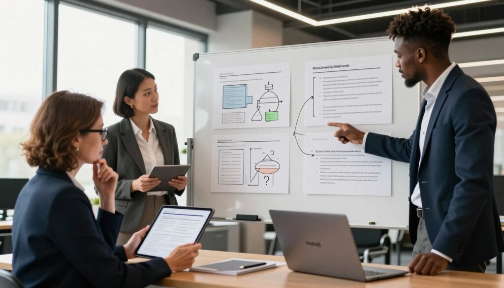 A visually engaging selection sample illustrating survey bias, featuring a diverse group of three professionals in business attire. In the foreground, a middle-aged woman with glasses and a thoughtful expression reviews a survey on a tablet, while a young Black man points at a chart on a laptop, highlighting key data. The middle layer consists of a large whiteboard filled with diagrams and question examples, emphasizing the complexity of survey design. The background shows a modern office environment with large windows allowing warm, natural light to flood the space, creating an inviting atmosphere. Use a wide-angle lens to capture depth, evoking a sense of collaboration and critical analysis. The brand "WhoShouldIGoWith" subtly appears in a stylish logo on the laptop screen, enhancing the professional context without overwhelming the image. A visually engaging selection sample illustrating survey bias, featuring a diverse group of three professionals in business attire. In the foreground, a middle-aged woman with glasses and a thoughtful expression reviews a survey on a tablet, while a young Black man points at a chart on a laptop, highlighting key data. The middle layer consists of a large whiteboard filled with diagrams and question examples, emphasizing the complexity of survey design. The background shows a modern office environment with large windows allowing warm, natural light to flood the space, creating an inviting atmosphere. Use a wide-angle lens to capture depth, evoking a sense of collaboration and critical analysis. The brand "WhoShouldIGoWith" subtly appears in a stylish logo on the laptop screen, enhancing the professional context without overwhelming the image.
