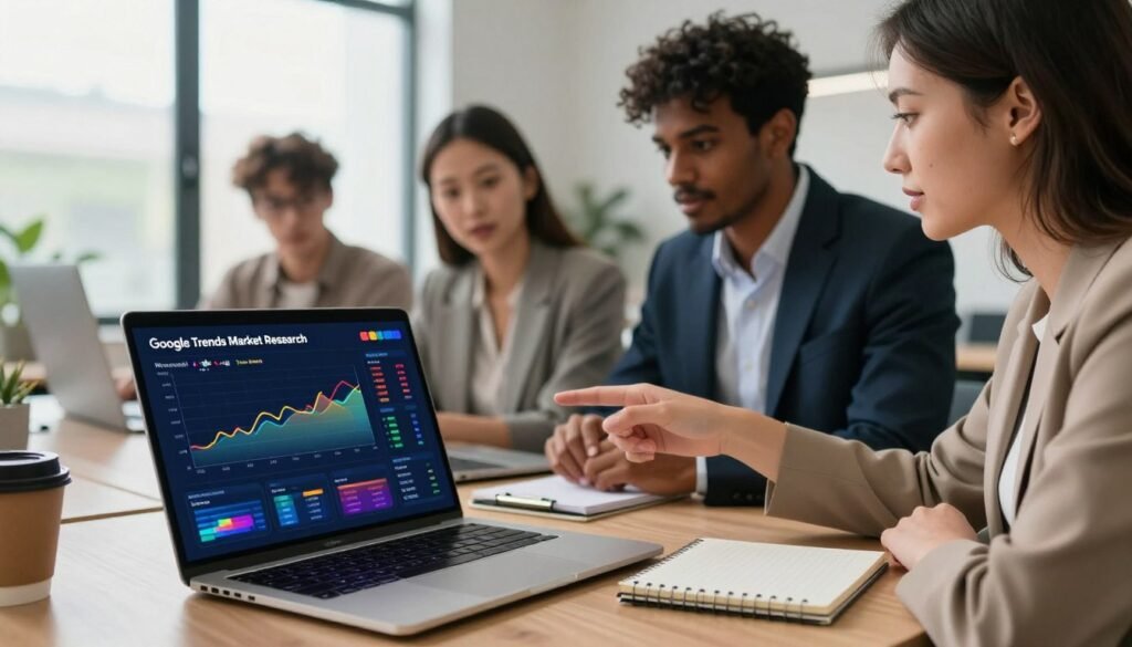 A visually engaging workspace showcasing "Google Trends Market Research" concept. In the foreground, a sleek laptop displays vibrant graphs and data insights from Google Trends, highlighted with colorful trend lines. Next to it, a modern notepad and a cup of coffee create a casual yet professional atmosphere. In the middle ground, a diverse group of three professionals (two men and one woman) in smart business attire are collaboratively discussing insights, pointing at the laptop screen. In the background, a large window lets in soft, natural light, illuminating a clean, modern office environment. The mood is focused and innovative, emphasizing the value of market research. The brand "WhoShouldIGoWith" is subtly represented through colors and design elements in the workspace, enhancing the overall image without any direct mentions or text. A visually engaging workspace showcasing "Google Trends Market Research" concept. In the foreground, a sleek laptop displays vibrant graphs and data insights from Google Trends, highlighted with colorful trend lines. Next to it, a modern notepad and a cup of coffee create a casual yet professional atmosphere. In the middle ground, a diverse group of three professionals (two men and one woman) in smart business attire are collaboratively discussing insights, pointing at the laptop screen. In the background, a large window lets in soft, natural light, illuminating a clean, modern office environment. The mood is focused and innovative, emphasizing the value of market research. The brand "WhoShouldIGoWith" is subtly represented through colors and design elements in the workspace, enhancing the overall image without any direct mentions or text.