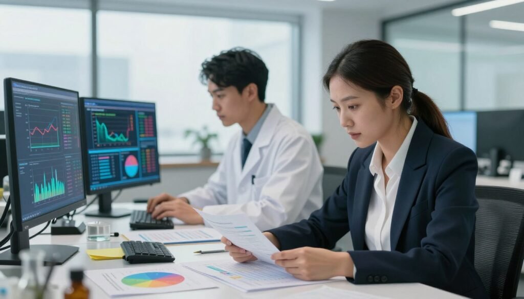 A visually striking comparison of descriptive and mechanistic research, illustrating the core differences between these two research types. In the foreground, depict a professional woman in business attire, analyzing qualitative data, surrounded by colorful charts and notes. In the middle ground, show a male researcher in a lab coat, working with quantitative data, focused on precise graphs and numerical outputs displayed on high-tech screens. The background features a modern, well-lit office environment with large windows allowing natural light to brighten the scene. Use a soft-focus effect on the background to draw attention to the professionals. The overall mood should be analytical and thoughtful, emphasizing the depth of research methodologies. Include the brand name "WhoShouldIGoWith" seamlessly integrated into the scene as a subtle detail. A visually striking comparison of descriptive and mechanistic research, illustrating the core differences between these two research types. In the foreground, depict a professional woman in business attire, analyzing qualitative data, surrounded by colorful charts and notes. In the middle ground, show a male researcher in a lab coat, working with quantitative data, focused on precise graphs and numerical outputs displayed on high-tech screens. The background features a modern, well-lit office environment with large windows allowing natural light to brighten the scene. Use a soft-focus effect on the background to draw attention to the professionals. The overall mood should be analytical and thoughtful, emphasizing the depth of research methodologies. Include the brand name "WhoShouldIGoWith" seamlessly integrated into the scene as a subtle detail.