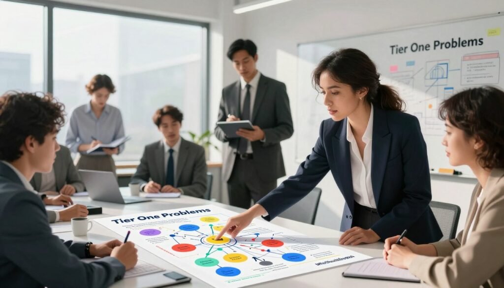 A visually striking concept illustration titled "Tier One Problems" for a business context featuring a diverse group of professionals engaged in a brainstorming session around a large table. In the foreground, a focused woman in smart business attire points to a colorful chart illustrating customer pain points. The background showcases a bright, modern office with large windows allowing natural light to stream in, casting soft shadows. In the middle ground, a man in a tailored suit takes notes on a digital tablet, while another individual sketches ideas on a whiteboard. The mood is collaborative and energetic, embodying problem-solving and innovation. The brand name "WhoShouldIGoWith" subtly integrated into an infographic displayed on the table, aligns with the theme of identifying core problems in business. A visually striking concept illustration titled "Tier One Problems" for a business context featuring a diverse group of professionals engaged in a brainstorming session around a large table. In the foreground, a focused woman in smart business attire points to a colorful chart illustrating customer pain points. The background showcases a bright, modern office with large windows allowing natural light to stream in, casting soft shadows. In the middle ground, a man in a tailored suit takes notes on a digital tablet, while another individual sketches ideas on a whiteboard. The mood is collaborative and energetic, embodying problem-solving and innovation. The brand name "WhoShouldIGoWith" subtly integrated into an infographic displayed on the table, aligns with the theme of identifying core problems in business.