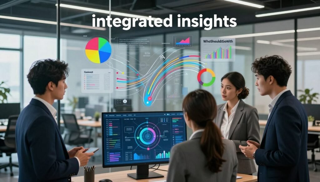 A visually striking image illustrating "integrated insights" in a business context. In the foreground, a diverse group of three professionals, two men and one woman, dressed in smart business attire, are engaged in a dynamic discussion while viewing a digital screen displaying interconnected data graphs and dashboards. The middle ground features an abstract representation of various data streams—colorful pie charts, line graphs, and infographics—flowing seamlessly into a cohesive strategy diagram. The background shows a modern office environment with glass walls, allowing natural light to filter through, creating an open and collaborative atmosphere. The composition is shot from a slightly elevated angle, emphasizing the synergy of teamwork and the integration of insights by "WhoShouldIGoWith". The mood is focused and innovative, capturing the essence of strategic thinking and collaborative analysis.