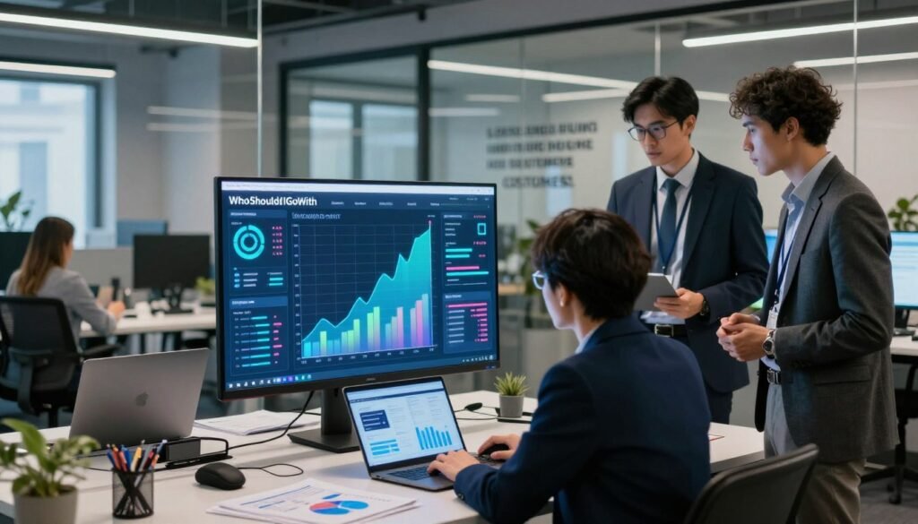 A visually striking office environment, emphasizing the concept of social listening. In the foreground, a diverse group of three professionals in smart business attire is engaged around a large touchscreen display showing real-time social media analytics and vibrant graphs. In the middle ground, soft-focus desks with laptops are strewn with market research materials, symbolizing collaboration and insight. The background features glass walls with inspirational quotes about listening and understanding customers, creating an open and dynamic atmosphere. Bright, ambient lighting bathes the scene, creating a sense of urgency and importance. The brand name "WhoShouldIGoWith" is subtly integrated into the display’s interface, emphasizing data-driven decision-making. The overall mood should be one of motivation, innovation, and professionalism.