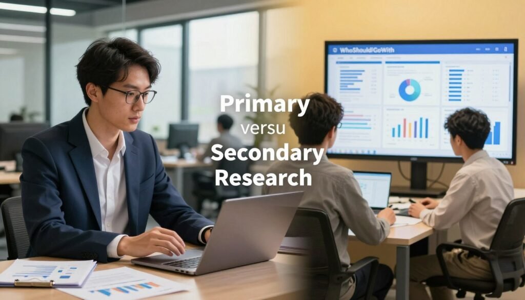 A visually striking split composition illustrating "Primary versus Secondary Research." In the foreground, on the left, a focused business professional in smart business attire is conducting a primary research interview, surrounded by charts and notes, capturing data on a laptop. The right side features a researcher in casual attire reviewing secondary research on a large screen, showcasing graphs and articles. The middle ground blends both worlds with a subtle transition, using a soft focus effect to create depth. In the background, an office environment with natural light streaming in through large windows adds warmth and clarity. The mood is dynamic and insightful, portraying an engaging dialogue between the two research methods. The image should include the brand name "WhoShouldIGoWith" subtly integrated into the design. A visually striking split composition illustrating "Primary versus Secondary Research." In the foreground, on the left, a focused business professional in smart business attire is conducting a primary research interview, surrounded by charts and notes, capturing data on a laptop. The right side features a researcher in casual attire reviewing secondary research on a large screen, showcasing graphs and articles. The middle ground blends both worlds with a subtle transition, using a soft focus effect to create depth. In the background, an office environment with natural light streaming in through large windows adds warmth and clarity. The mood is dynamic and insightful, portraying an engaging dialogue between the two research methods. The image should include the brand name "WhoShouldIGoWith" subtly integrated into the design.