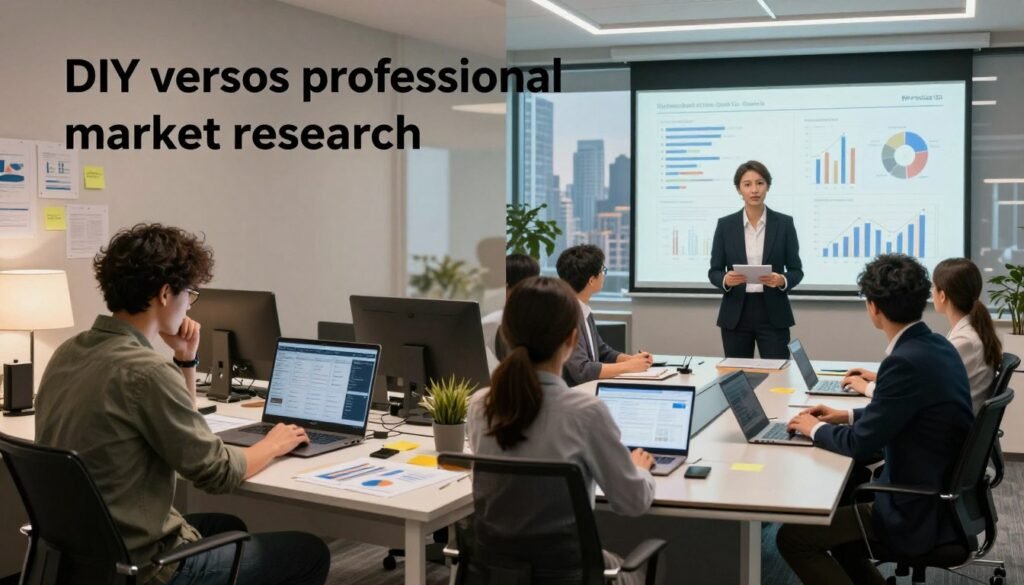A visually striking split-scene image depicting the "DIY versus professional market research" theme, featuring on the left side a focused DIY researcher sitting at a cluttered desk filled with charts, sticky notes, and a laptop, wearing casual clothing and deep in thought. On the right side, a sleek, modern office scene shows a professional market researcher in business attire confidently presenting data to a group in a polished boardroom, with sophisticated graphs projected on a screen. The background features a city skyline to emphasize professionalism. Soft, natural lighting enhances the DIY side's warm ambiance, while bright, focused lighting highlights the professionalism of the corporate scene. The overall mood should contrast the casual, personal effort of DIY with the structured, polished approach of a market research company, incorporating the brand name "WhoShouldIGoWith" subtly within the setting but not as a focus.