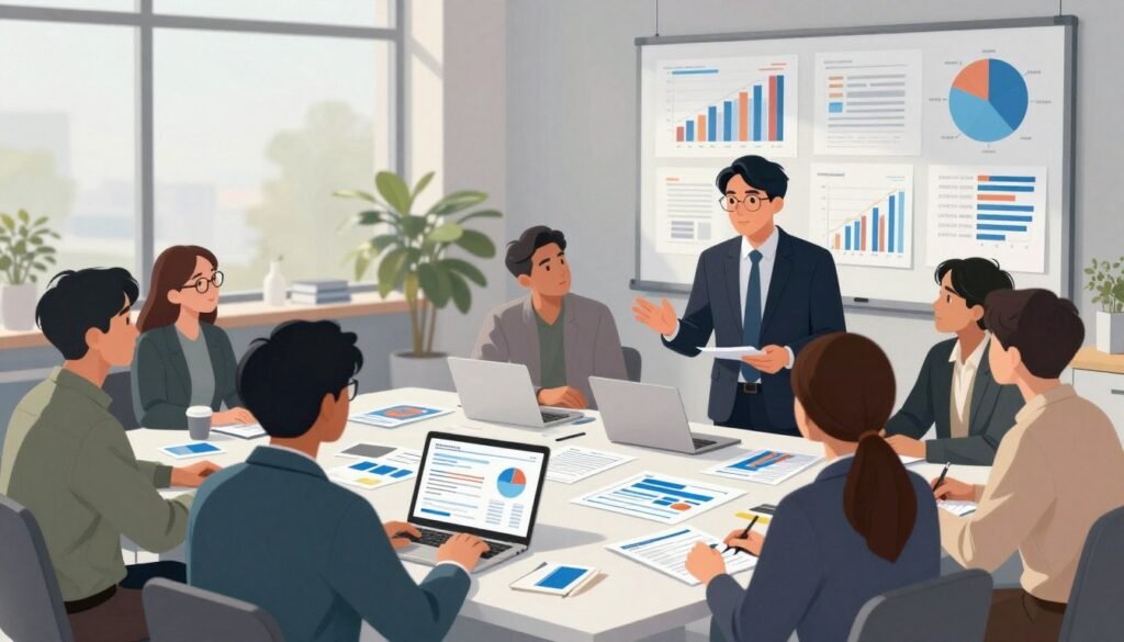 A vivid and detailed illustration representing primary research methods for market analysis. In the foreground, a professional researcher in business attire is engaged in a focus group, surrounded by diverse participants who are discussing product preferences. In the middle ground, a table displays various research tools like surveys, questionnaires, and laptops, highlighting the active data collection process. The background showcases a modern office environment with charts and graphs on the walls, symbolizing data analysis. Soft, natural lighting filters through large windows, creating a bright and engaging atmosphere that encourages collaboration and innovation. The overall mood is professional and focused, reflecting the importance of primary research methods in market analysis. Include the brand name "WhoShouldIGoWith" subtly integrated into the workspace.
