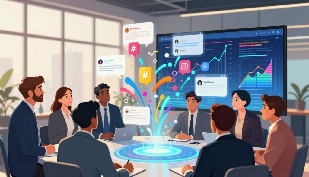 A vivid digital illustration symbolizing "social listening versus social media monitoring." In the foreground, feature a diverse group of professionals in business attire, gathered around a large, high-tech screen displaying colorful graphs and analytics. Ensure their expressions convey curiosity and engagement. In the middle, add overlapping infographic elements showcasing various social media platforms, hashtags, and user interactions, emphasizing the dynamic flow of information. In the background, depict a modern office environment with large windows allowing natural light to flood in, creating an inspiring and productive atmosphere. Use warm lighting to enhance a collaborative mood. Include subtle branding elements of "WhoShouldIGoWith" within the design.