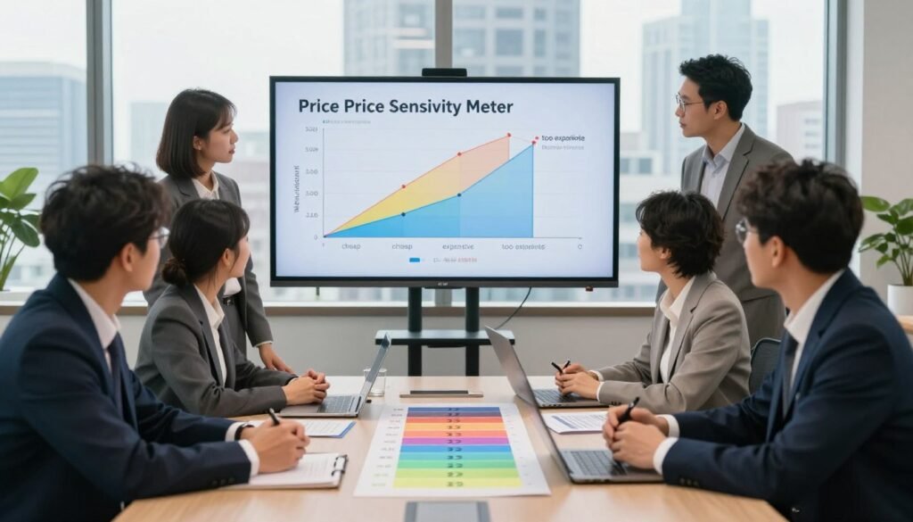 A well-organized business meeting scene focusing on the Van Westendorp Price Sensitivity Meter. Foreground: A round table with diverse professionals in smart business attire analyzing a colorful chart representing different price points. Middle: A large screen displaying a visually appealing graph illustrating the Van Westendorp model, including 'too cheap,' 'cheap,' 'expensive,' and 'too expensive' price ranges. Background: An elegantly designed office with large windows showcasing a city skyline, filled with natural light pouring in, creating a bright and engaging atmosphere. The scene should exude a collaborative and analytical mood, emphasizing teamwork and strategic decision-making, using a soft focus lens to capture professional expressions and gestures. Brand name "WhoShouldIGoWith" subtly integrated in the background.