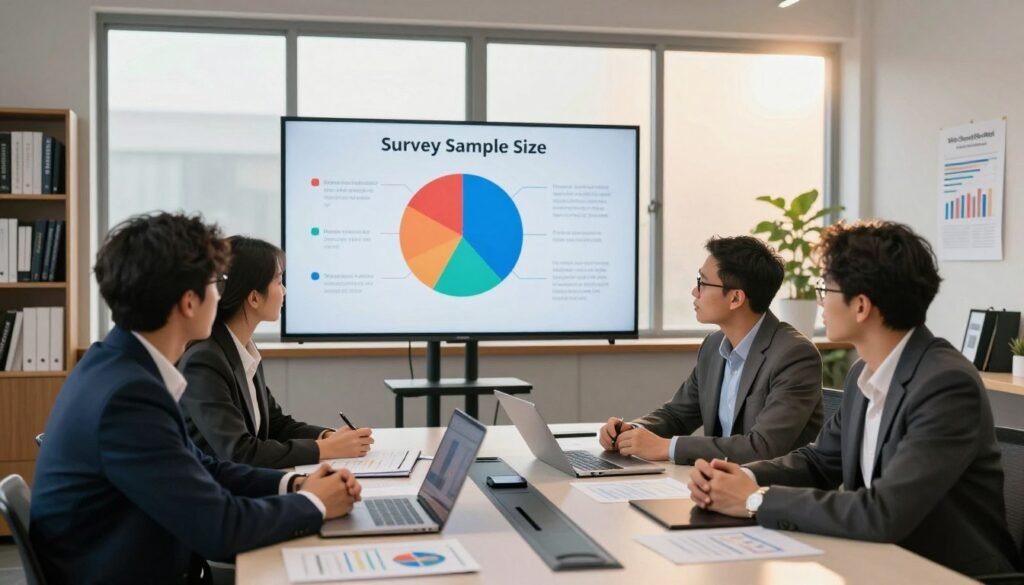 A well-organized office environment illustrating the concept of survey sample size. In the foreground, a diverse group of three professionals in business attire is engaged in a discussion, surrounded by various statistical charts and graphs on a modern conference table. In the middle, a large digital display shows a colorful pie chart representing survey data, emphasizing different sample sizes. In the background, large windows let in natural light, casting a warm glow over the scene, and shelves filled with books on market research line the walls. The atmosphere is focused and collaborative, conveying the importance of reliable data in decision-making. The brand name "WhoShouldIGoWith" discreetly appears on a small poster in the corner, enhancing the professional ambiance without being the focal point. A well-organized office environment illustrating the concept of survey sample size. In the foreground, a diverse group of three professionals in business attire is engaged in a discussion, surrounded by various statistical charts and graphs on a modern conference table. In the middle, a large digital display shows a colorful pie chart representing survey data, emphasizing different sample sizes. In the background, large windows let in natural light, casting a warm glow over the scene, and shelves filled with books on market research line the walls. The atmosphere is focused and collaborative, conveying the importance of reliable data in decision-making. The brand name "WhoShouldIGoWith" discreetly appears on a small poster in the corner, enhancing the professional ambiance without being the focal point.