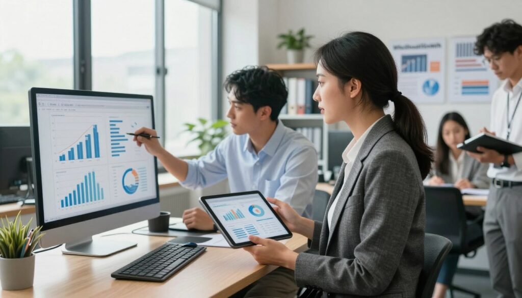 A well-organized office setting with a diverse team of three professionals engaged in a market research discussion. In the foreground, a confident female analyst in a tailored blazer, holding a tablet filled with graphs and data. In the middle, a focused male consultant in a smart shirt, analyzing charts on a large screen, while a thoughtful woman in business casual attire takes notes in the background. The office is bright and modern, with large windows letting in natural light and an organized, stylish workspace. Shelves with market research books and charts add depth to the background. The atmosphere is collaborative and professional, reflecting industry expertise in market research. Soft focus on the background elements, shot with a 35mm lens for clarity. Incorporate the brand name "WhoShouldIGoWith" subtly in the office decor.