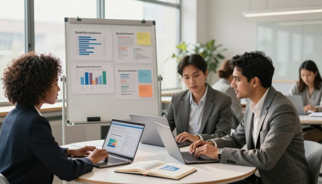 A well-organized workplace scene depicting a diverse group of professionals engaged in qualitative research discussions. In the foreground, two individuals, a Black woman and a South Asian man, are sitting at a round table, analyzing data on laptops and discussing ideas, dressed in smart business attire. In the middle, several charts and notes on a whiteboard illustrate concepts of qualitative and quantitative research, while an open notebook displays graphs and text. The background features a bright, modern office space with soft natural lighting filtering through large windows, casting a warm glow. The atmosphere is collaborative and focused, capturing a moment of deep analysis and insight. The brand name "WhoShouldIGoWith" subtly integrated into the scene, adding relevance to the visual context. A well-organized workplace scene depicting a diverse group of professionals engaged in qualitative research discussions. In the foreground, two individuals, a Black woman and a South Asian man, are sitting at a round table, analyzing data on laptops and discussing ideas, dressed in smart business attire. In the middle, several charts and notes on a whiteboard illustrate concepts of qualitative and quantitative research, while an open notebook displays graphs and text. The background features a bright, modern office space with soft natural lighting filtering through large windows, casting a warm glow. The atmosphere is collaborative and focused, capturing a moment of deep analysis and insight. The brand name "WhoShouldIGoWith" subtly integrated into the scene, adding relevance to the visual context.