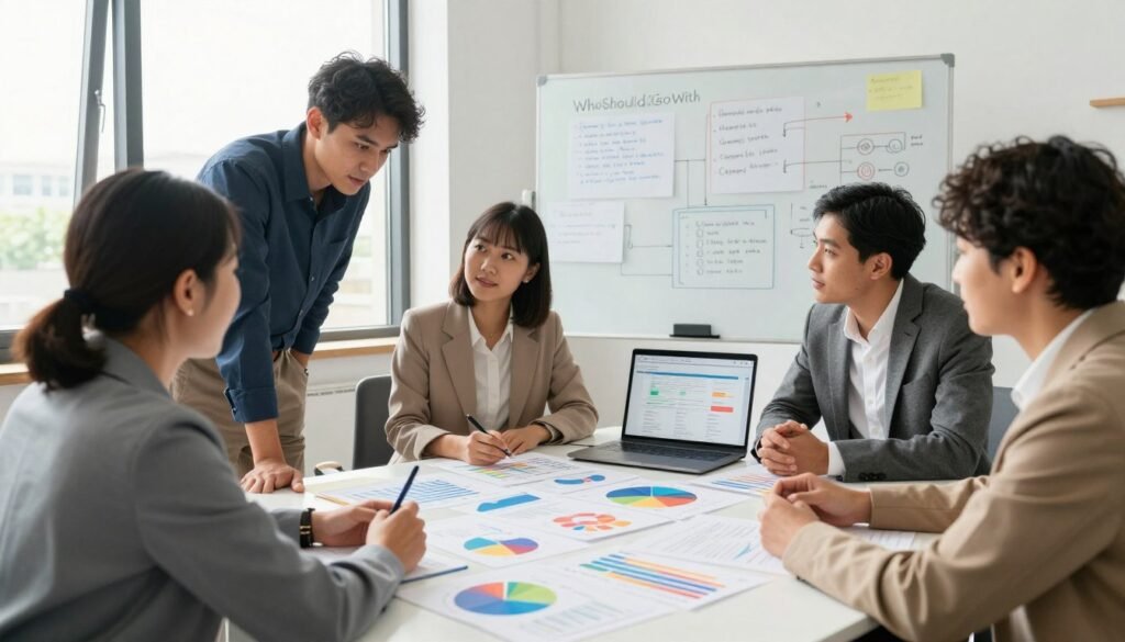 A well-organized workspace exemplifying qualitative research, set in a bright, modern office environment. Foreground features a diverse group of professionals—two men and two women—dressed in smart business attire, deeply engaged in discussion over an array of colorful charts and graphs spread across a sleek table. Middle ground showcases a whiteboard filled with insightful notes and visual indicators of qualitative data analysis, alongside a laptop open to a research presentation. Background includes large windows allowing natural light to illuminate the scene, creating a vibrant yet focused atmosphere. Emphasize a warm color palette to evoke collaboration and innovation. Add a subtle hint of the brand "WhoShouldIGoWith" in the design elements without overpowering the main focus of the image, ensuring professionalism throughout. A well-organized workspace exemplifying qualitative research, set in a bright, modern office environment. Foreground features a diverse group of professionals—two men and two women—dressed in smart business attire, deeply engaged in discussion over an array of colorful charts and graphs spread across a sleek table. Middle ground showcases a whiteboard filled with insightful notes and visual indicators of qualitative data analysis, alongside a laptop open to a research presentation. Background includes large windows allowing natural light to illuminate the scene, creating a vibrant yet focused atmosphere. Emphasize a warm color palette to evoke collaboration and innovation. Add a subtle hint of the brand "WhoShouldIGoWith" in the design elements without overpowering the main focus of the image, ensuring professionalism throughout.