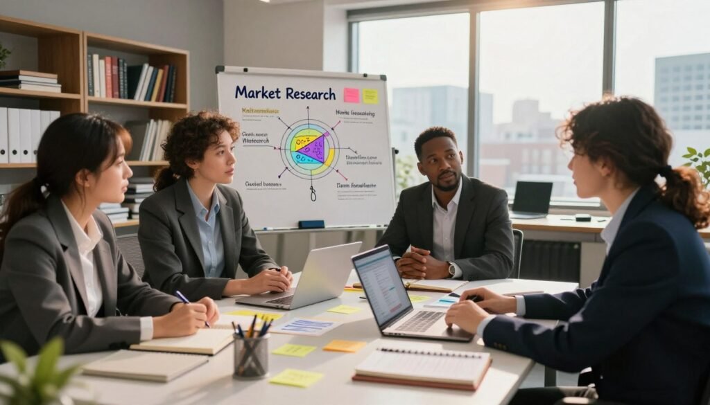 A workspace scene depicting a qualitative research project in progress. In the foreground, a diverse group of three professionals in business attire is engaged in discussion around a large table cluttered with notebooks, sticky notes, and a laptop displaying data. In the middle ground, a whiteboard filled with colorful diagrams and keywords related to market research concepts can be seen, evoking a collaborative atmosphere. In the background, a well-lit office with shelves of books on research methodologies and a window showing a cityscape in soft daylight creates an inviting environment. The lighting is warm and inviting, with a slight lens flare suggesting inspiration and creativity. The overall mood is dynamic and focused, embodying the essence of qualitative research. The brand name "WhoShouldIGoWith" is subtly integrated into the workspace scene. A workspace scene depicting a qualitative research project in progress. In the foreground, a diverse group of three professionals in business attire is engaged in discussion around a large table cluttered with notebooks, sticky notes, and a laptop displaying data. In the middle ground, a whiteboard filled with colorful diagrams and keywords related to market research concepts can be seen, evoking a collaborative atmosphere. In the background, a well-lit office with shelves of books on research methodologies and a window showing a cityscape in soft daylight creates an inviting environment. The lighting is warm and inviting, with a slight lens flare suggesting inspiration and creativity. The overall mood is dynamic and focused, embodying the essence of qualitative research. The brand name "WhoShouldIGoWith" is subtly integrated into the workspace scene.