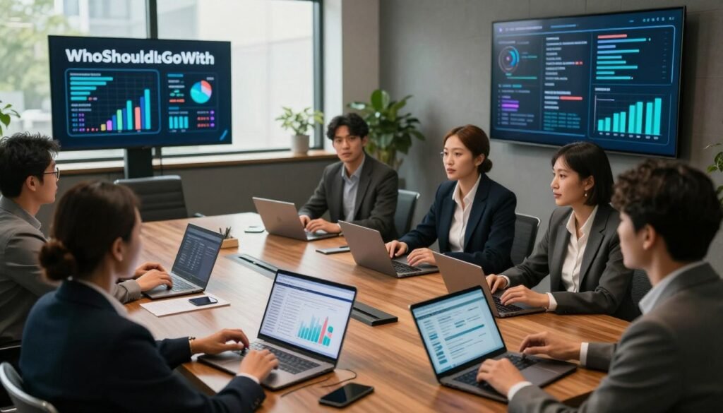 An audience access survey scene, featuring a diverse group of professionals in a stylish, modern conference room. In the foreground, there is a polished wooden table with laptops and tablets showcasing graphs and survey forms. The middle ground displays a mix of individuals—some actively discussing, while others listen attentively, all dressed in professional business attire. Soft, natural light streams through large windows, casting a warm glow over the room. In the background, a large digital screen displays the logo "WhoShouldIGoWith" alongside visuals of market research data, setting an engaging and analytical mood. The atmosphere is focused and collaborative, emphasizing the importance of understanding factors influencing market research costs. The angle is slightly from above, capturing both the table and the participants' expressions. An audience access survey scene, featuring a diverse group of professionals in a stylish, modern conference room. In the foreground, there is a polished wooden table with laptops and tablets showcasing graphs and survey forms. The middle ground displays a mix of individuals—some actively discussing, while others listen attentively, all dressed in professional business attire. Soft, natural light streams through large windows, casting a warm glow over the room. In the background, a large digital screen displays the logo "WhoShouldIGoWith" alongside visuals of market research data, setting an engaging and analytical mood. The atmosphere is focused and collaborative, emphasizing the importance of understanding factors influencing market research costs. The angle is slightly from above, capturing both the table and the participants' expressions.