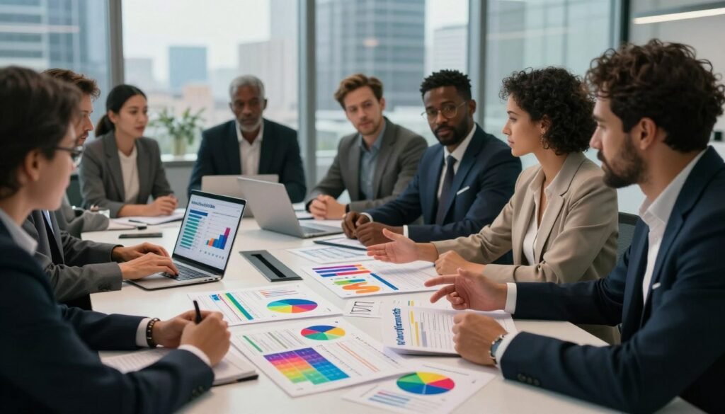 An engaging scene depicting a modern office environment where a diverse team of professionals gathers around a sleek conference table, analyzing vibrant charts and graphs related to public relations surveys. The foreground features a bright light illuminating various colorful survey reports and digital devices, emphasizing the significance of brand authority in market research. In the middle ground, individuals of different ethnic backgrounds, dressed in professional business attire, are actively discussing insights and strategies while gesturing towards the visual data. The background presents large windows with a cityscape view, suggesting a productive, contemporary atmosphere. The lighting is warm and inviting, creating a collaborative mood that conveys the importance of teamwork in decision-making processes. Focus on the brand logo "WhoShouldIGoWith" subtly integrated into the survey materials. An engaging scene depicting a modern office environment where a diverse team of professionals gathers around a sleek conference table, analyzing vibrant charts and graphs related to public relations surveys. The foreground features a bright light illuminating various colorful survey reports and digital devices, emphasizing the significance of brand authority in market research. In the middle ground, individuals of different ethnic backgrounds, dressed in professional business attire, are actively discussing insights and strategies while gesturing towards the visual data. The background presents large windows with a cityscape view, suggesting a productive, contemporary atmosphere. The lighting is warm and inviting, creating a collaborative mood that conveys the importance of teamwork in decision-making processes. Focus on the brand logo "WhoShouldIGoWith" subtly integrated into the survey materials.
