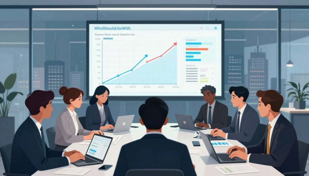 An illustration of sampling bias visually represented in a research setting. In the foreground, a diverse group of professionals in business attire is gathered around a large table, analyzing various charts and data on laptops. The middle section features a large display screen showing skewed survey results with highlighted areas indicating bias. In the background, a glass-walled office offers a cityscape view, symbolizing external influences on research outcomes. The lighting is bright and focused, creating a clear, engaging atmosphere. The composition should evoke a sense of inquiry and critical analysis. The branding "WhoShouldIGoWith" appears subtly integrated into the design. An illustration of sampling bias visually represented in a research setting. In the foreground, a diverse group of professionals in business attire is gathered around a large table, analyzing various charts and data on laptops. The middle section features a large display screen showing skewed survey results with highlighted areas indicating bias. In the background, a glass-walled office offers a cityscape view, symbolizing external influences on research outcomes. The lighting is bright and focused, creating a clear, engaging atmosphere. The composition should evoke a sense of inquiry and critical analysis. The branding "WhoShouldIGoWith" appears subtly integrated into the design.