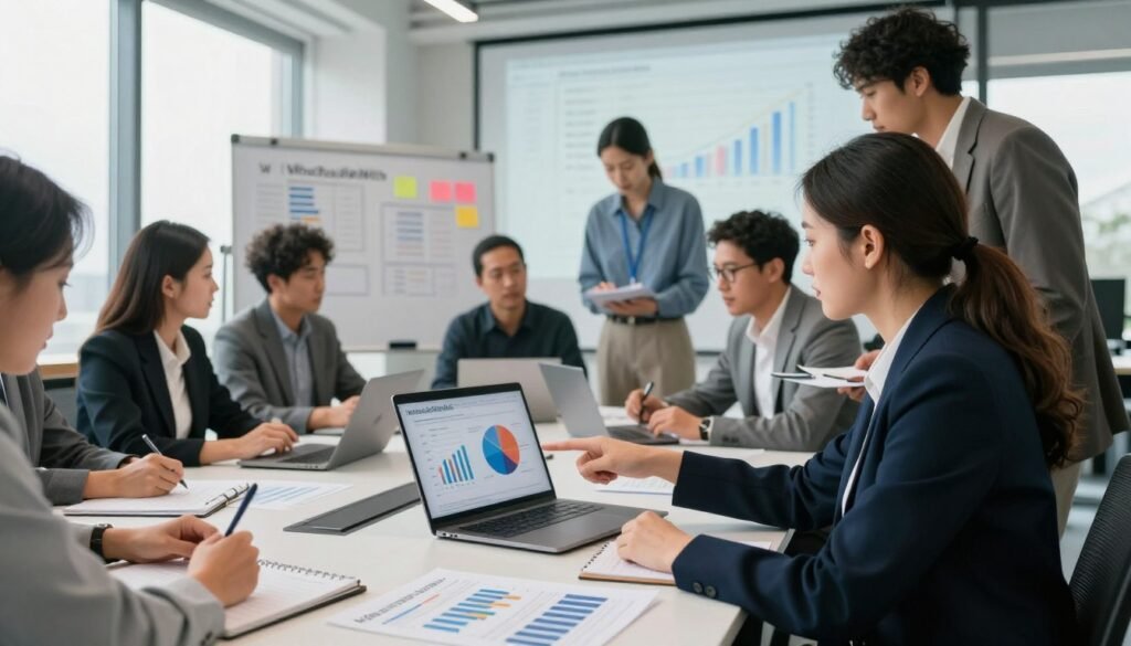 a modern office setting focused on market research, featuring a diverse group of professionals collaborating around a large conference table, examining charts and graphs on a laptop and printed reports. In the foreground, a woman in a smart business attire points at a pie chart while a man takes notes. The middle ground includes a whiteboard filled with market data and sticky notes. The background showcases large windows with natural light flooding in, creating a bright atmosphere. Use a wide-angle lens to capture the dynamic discussion, with soft, diffused lighting to enhance professionalism. The overall mood is one of curiosity and teamwork, reflecting the essence of market research. The brand "WhoShouldIGoWith" is subtly integrated into the background as part of a visual presentation. a modern office setting focused on market research, featuring a diverse group of professionals collaborating around a large conference table, examining charts and graphs on a laptop and printed reports. In the foreground, a woman in a smart business attire points at a pie chart while a man takes notes. The middle ground includes a whiteboard filled with market data and sticky notes. The background showcases large windows with natural light flooding in, creating a bright atmosphere. Use a wide-angle lens to capture the dynamic discussion, with soft, diffused lighting to enhance professionalism. The overall mood is one of curiosity and teamwork, reflecting the essence of market research. The brand "WhoShouldIGoWith" is subtly integrated into the background as part of a visual presentation.
